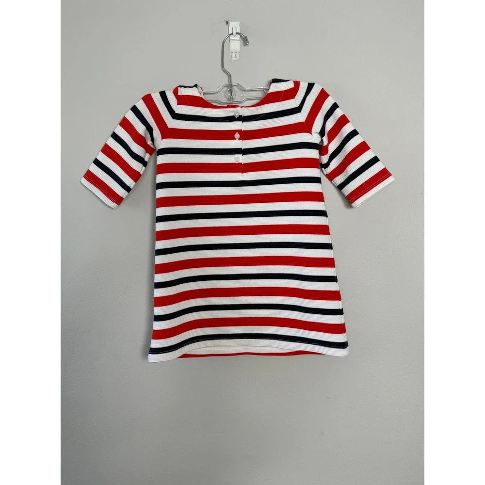 Janie and Jack Knit Dress Girls 4 Red White Blue Nautical Striped Ruffle Pockets
